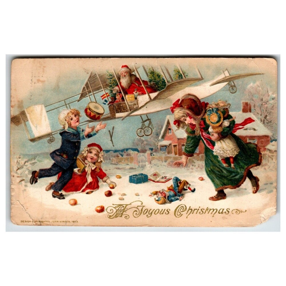 Vintage Christmas Santa Airplane John Winsch Postcard 1913 Embossed Aircraft
